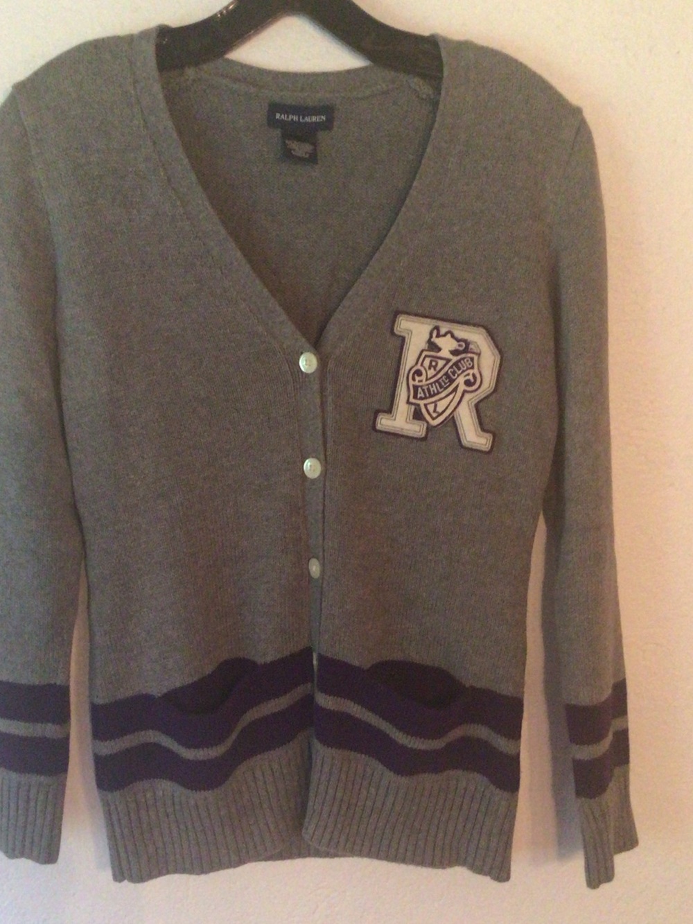 Ralph Lauren Gray V-Neck Cardigan with Varsity Patch